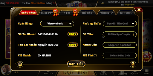 nạp tiền tại TOP88